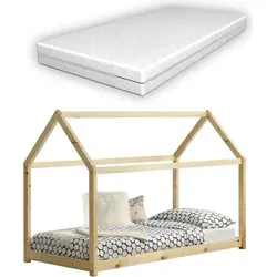 Kinderbett mit orthopädischer Matratze 80x160 cm - Hausbett aus Kiefernholz - Kinderbetten: Stabiles Hausbett aus Kiefernholz mit orthopädischer Kaltschaummatratze für optimalen Schlafkomfort und Unterstützung der Wirbelsäule.