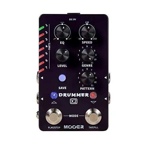 Mooer Drummer X2 - Stereo Drum Machine Pedal - E-Drum-Zubehör mit 121 verschiedenen Rhythmen und 7 Speicherplätzen für kreative Live-Performances und vielseitigen Musikgenuss.