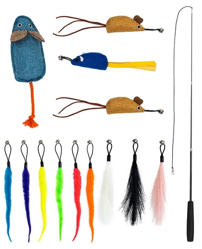 lionto Katzenspielzeug 14-teilig, inkl. Teleskopangel mit gepolstertem Griff