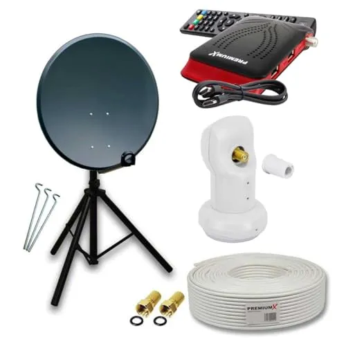 PremiumX Camping Satelliten-Komplettanlage 45cm - SAT-Antennen für unterwegs: Mit hochwertigem FullHD Digitalreceiver und wetterfestem LNB, ideal für Balkon, Garten oder Reisen im Wohnmobil.