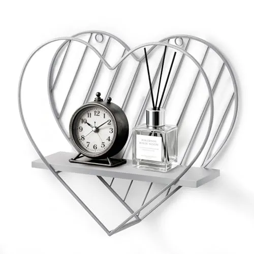 Afuly Wandregal Metall Grau Holz Schweberegale Herz rustikal Wand Deko Schlafzimmer Badezimmer Family Geschenk 28X30 cm