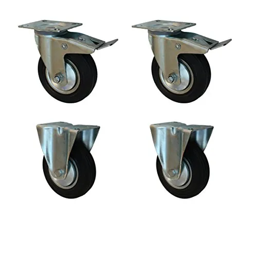 Set 80 mm Transportrollen 2 x Bockrolle + 2 x Lenkrolle mit Bremse Vollgummirollen