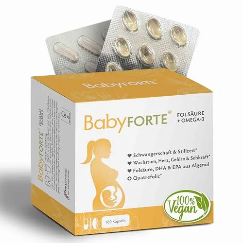 BabyFORTE® Folsäure + Omega-3 Algenöl | vegan | Trimesterbox 180 Kapseln | 18 Schwangerschaftsvitamine | Quatrefolic®, Magnesium, Jod, DHA EPA Schwangerschaft | Stillzeit