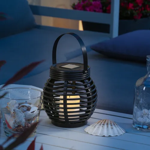 LED Solar Laterne mit LED Kerze Rattan Korboptik Balkon Tischleuchte Sensor