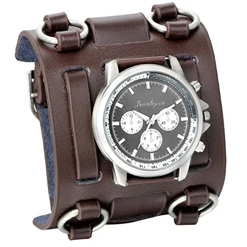 JewelryWe Herren Armbanduhr, Analog Quarzuhr, Elegant Casual Sport Uhr mit Braun Breit Leder Armband Schwarz Zifferblatt
