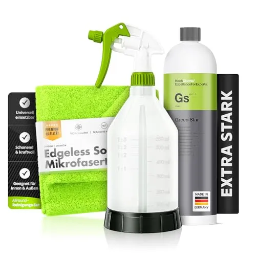 Green Star Set: Koch Chemie Green Star Universalreiniger 1L + 360° Sprühflasche 500ml + Mikrofasertuch 40×40 | flexibel auch über Kopf sprühen & sauber nachwischen | 3-teilig