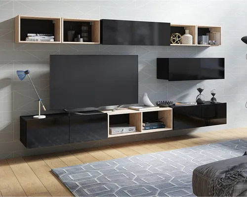 Lomadox Wohnwand CAIRNS-132 in schwarz Hochglanz - Moderne Wohnwand CAIRNS-132, stehend oder hängend, mit eleganter Hochglanzoberfläche und Artisan Eiche Nb. Vielfältige Kombinationsmöglichkeiten für jeden Wohnraum.