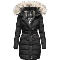 Navahoo Damen Winter Steppmantel Paula Schwarz Gr. S - Funktionsjacken - Warmer Steppmantel mit abnehmbarer Kunstfellkapuze, ideal für kalte Wintertage, wasser- und windabweisend, taillierter Schnitt für perfekte Passform.