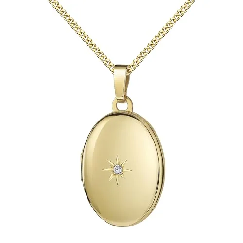 Medaillon Set Gold 585 mit Zirkonia für 2 Bilder Amulett Anhänger oval zum Öffnen für Damen + Schmuck-Etui und Halskette Mit hochwertiger Schmuck-Kette 925 Silber vergoldet - Kettenlänge 70 cm.
