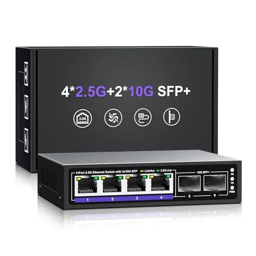 6-Port 2.5G Unmanaged Ethernet Switch, 4 x 2.5G Base-T-Ports, 2 x 10G SFP+, kompatibel mit 100/1000/2500 Mbit/s, Metall, lüfterlos, NICGIGA 2.5Gbe Netzwerk-Switch für Wireless AP, NAS, PC