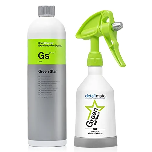 detailmate Green Star Set: Koch Chemie GreenStar Universalreiniger Auto Industrie Werkstatt 1L + KWAZAR Mercury Sprühflasche Green Edition - 0,5l - für ph 8-14 geeignet