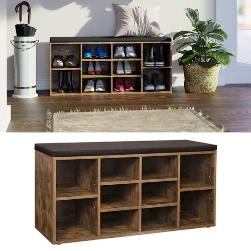 VASAGLE Schuhbank mit 10 Fächern, 104 cm, Vintagebraun - Bequeme Schuhbank mit 10 Fächern für Schuhe bis Größe 44. Robuste Holzspanplatte, bis 150 kg belastbar. Ideal für Flure – einfach zu montieren!