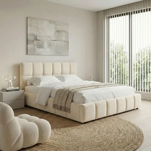 Polsterbett EMILIA 140x200 cm, Cremeweiß - Modernes Bett mit gepolstertem Kopfteil und Lattenrost - Das Polsterbett EMILIA verbindet modernen Stil mit hohem Komfort. Der cremeweiße Bezug und das hohe, gepolsterte Kopfteil bieten eine gemütliche Schlafumgebung. Inklusive stabilen Lattenrost für optimalen Schlaf.