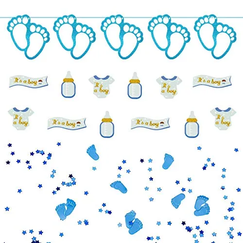 Oblique Unique® Baby Shower Party Deko Set für Jungs - Füßchen Girlande + Konfetti Set Fläschchen It's a Boy Banner It's a Boy Body + Füßchen Konfetti