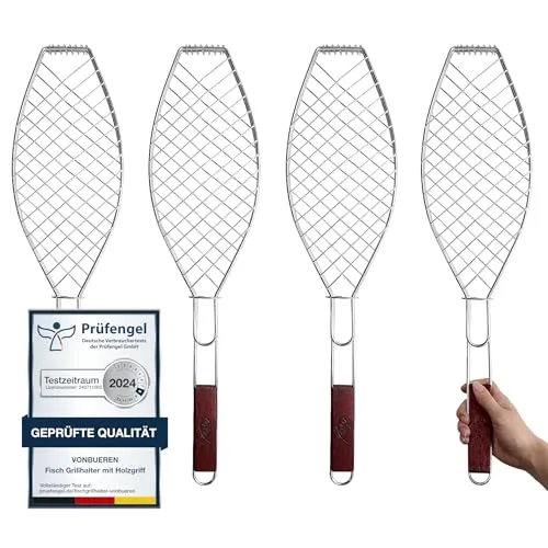 Fisch Grillhalter mit Holzgriff VonBueren | 63x16cm - Perfekt für alle Grillarten - Grillzangen für Fisch und mehr: Mit 63 x 16 cm bietet dieser Grillhalter Platz für Fische jeder Größe und bleibt dabei kühl dank Holzgriff. Ideal für Gas-, Holz- und Elektrogrills, sorgt er für perfekte Grillergebnisse.