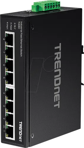 TRENDnet TI-E80 Unmanaged Switch - Zubehör: 8-Port Switch für DIN-Schienen- oder Wandmontage, ideal für platzsparende Lösungen in industriellen Umgebungen.