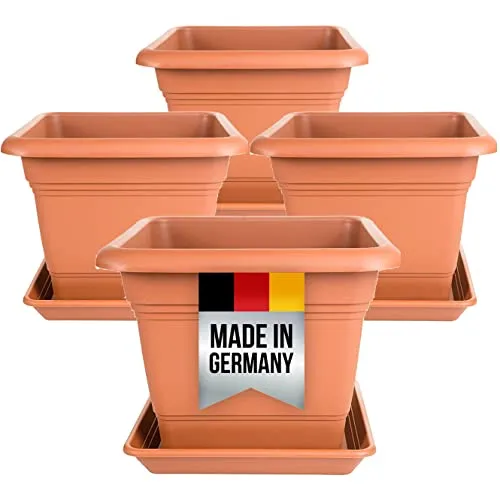 2friends Blumentopf Set Eleonor 28x28 cm - 4er Set großer Pflanzkübel mit Untersetzer, robust und wetterfest für den Außenbereich – ideal für Pflanzenliebhaber und Gartenakzente.