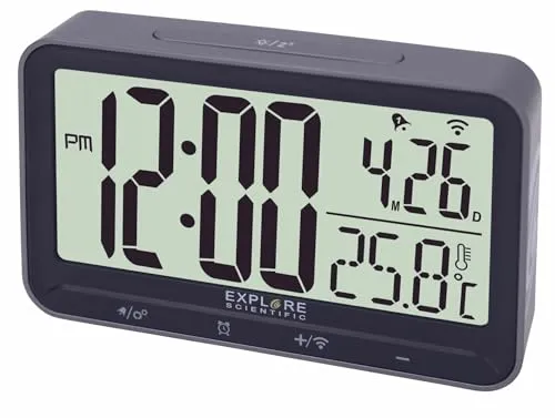 Explore Scientific RDC1009 Funkuhr, doppelter Alarm, Steuerung mit Tasten, Innentemperatur, Grau