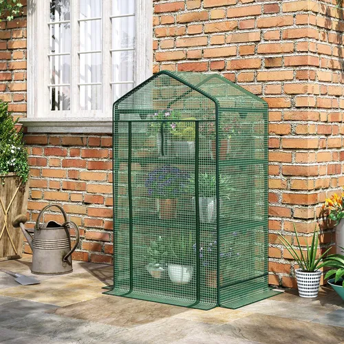 Outsunny Mini-Gewächshaus mit Folienabdeckung und 3 Regalböden - Kompaktes Anzuchtgewächshaus mit stabilen Metallrahmen und UV-beständiger Folienabdeckung. Ideal für Balkon und Garten, um Pflanzen, Gemüse und Blumen effektiv anzubauen und zu schützen.