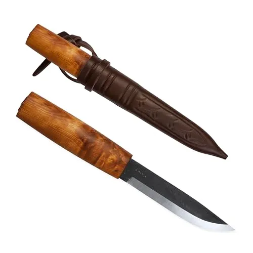Helle Jagdmesser Viking 164911 - 11 cm feststehende Klinge aus Carbonstahl, inklusive brauner Lederscheide und eleganter Birkenmaserholzgriff