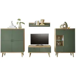 Wohnwand Aliano - Holzfarben, 324 cm Breite, 160 cm Höhe - Elegante Wohnwand Aliano in Holzfarben, perfekt für stilvolle Wohnzimmer. Hochwertige Materialien garantieren Langlebigkeit und Qualität. Ideal für modernes Wohnen.