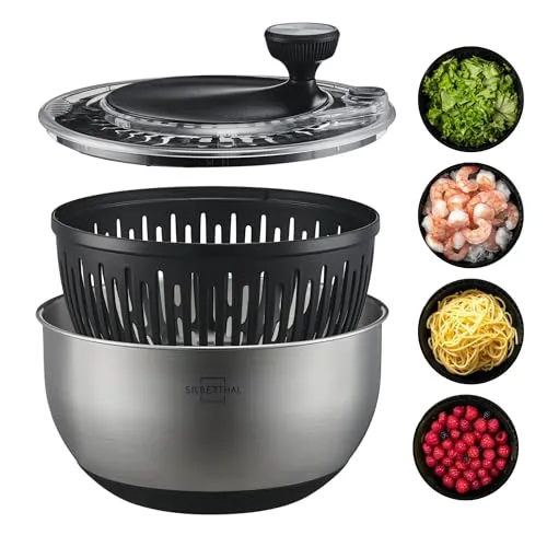 SILBERTHAL Salatschleuder Edelstahl 4,5l - Rutschfest & BPA-frei - Salatschleuder für müheloses Trocknen von Salat und mehr. Mit innovativem Kurbelantrieb, Stopp-Taste und rutschfestem Boden. Ideal für die ganze Familie und vielseitig einsetzbar. Spülmaschinenfest und pflegeleicht.