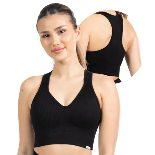 SMILODOX Sport BH Damen Amaze Pro - Blickdicht rutschfest Sport Bra - Seamless Gerippter Stoff Crop Top - Atmungsaktive Yoga Tank Top für Fitness & Gym, Größe:S, Color:Schwarz