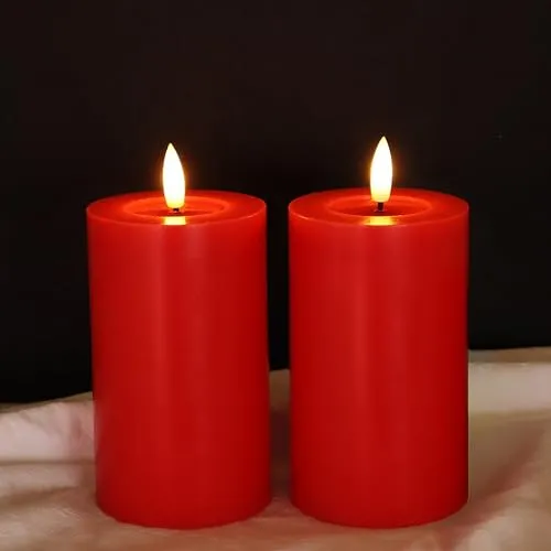 LUCOZA 2er Set Flackernde Flammenlose LED Kerzen mit Timer für Innen, 12,5 cm Batteriebetriebene LED Echtwachskerzen, Realistische Stumpenkerze mit 3D-Dochtlich, Rot