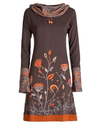 Vishes - Alternative Bekleidung - Damen Blumen-Kleid Langarm-Shirtkleid Schal-Kragen Baumwollkleid braun 44