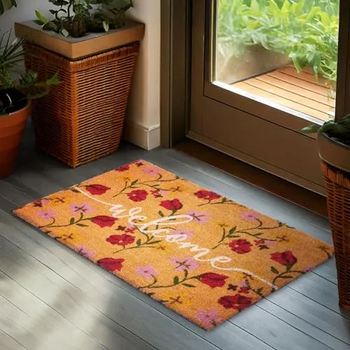 BRUBAKER Fußmatte für Außen und Innen - Welcome mit Blumen Rosa und Rot - 45 x 75 cm Schmutzfangmatte aus Kokos - Antirutsch Fußabtreter Wetterfest und rutschfest - Türmatte für Haustür