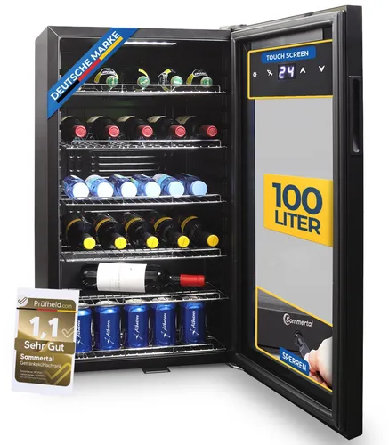 Sommertal Kühlschrank mit Glastür GK100 – Leiser 100L Getränkekühlschrank mit Touchscreen & Schloss