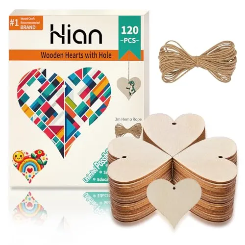 Holzherzen mit Loch, 120 Stück 40mm Rustikale Unbehandelte Holz-Bastelset mit 3m Hanfseil, Ideal für DIY-Kunst, Holzscheiben, Weihnachtsschmuck & Handwerksprojekte