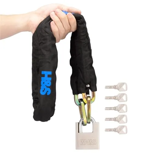 H&S Motorrad Schloss - Kettenschloss mit 5 Schlüsseln - Vorhängeschlösser & Haspen: Stabile 10mm x 1,2m Kette aus Bor-Mangan Stahl, idealer Diebstahlschutz für Motorräder und Fahrräder.