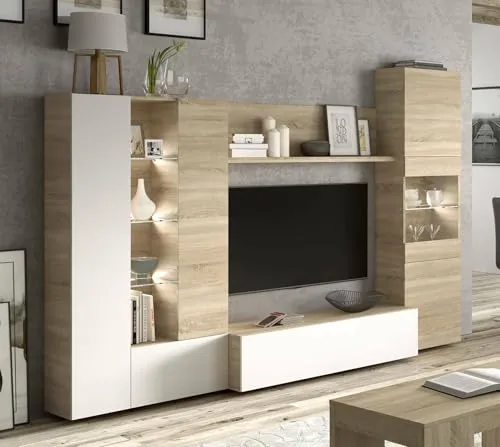 Habitdesign Moderne Wohnwand 260 cm - TV-Möbel in kanadischer Eiche - TV-Bänke & Lowboards mit LED-Beleuchtung und Push-Lock-System - das kompakte Wohnzimmer-Set bietet viel Stauraum und pflegeleichte Oberflächen für den täglichen Gebrauch.