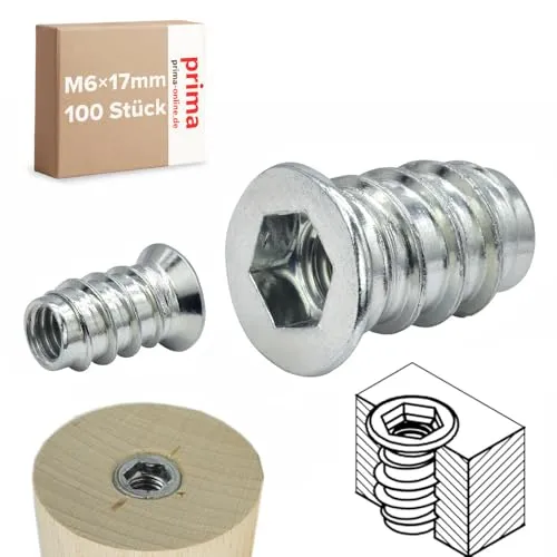 Einschraubmutter M6 x 17 mm – Einschraubmuffen/Eindrehmuffen aus verzinktem Stahl – Innengewinde für Holzbau & Möbelbau (100 Stück)