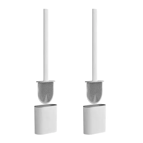 2er Set Silikon Toilettenbürste Flach mit Halter Länge 16 cm Weiß WC-Bürste Wandmontage Klobürste Bürstengarnitur