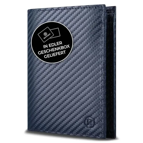 RUTAKO Leder Geldbörse Herren mit RFID Schutz - Portemonnaie Groß mit Münzfach - 12 Fächer - Geldbeutel für Männer - Brieftasche Wallet Portmonee Carbon-Blau