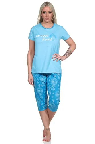 Normann Damen Kurzarm Schlafanzug Pyjama mit Caprihose in geblümter Optik, Farbe:hellblau, Größe:40-42