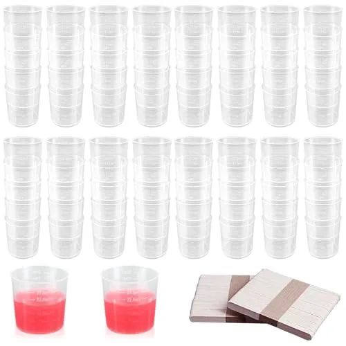 GZjiyu 80 Stk Messbecher Kleine 30ml Mischbecher Kunststoff Transparentes Messbecher Set mit 80 Stk Holzstäbchen für Mischen von Farben Epoxiden Harz Labor Kochen Malerei Zubehör