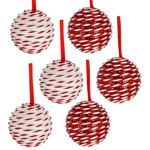 MACOSA CP74657_x6 Christbaumkugeln 6er Rot Weiß Glitzer 10 cm Christbaumschmuck Dekokugeln Hängedekoration Weihnachten Winter Winterdeko Tannenbaumschmuck Christbaum Deko