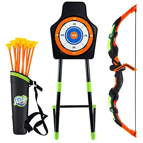 RedCrab Kinder Bogenschießen Set mit LED-Licht - Bogenschießen Set für Kinder ab 3 Jahren: Enthält leuchtenden Bogen, 10 Saugnapfpfeile, Ziel und Köcher. Fördert Feinmotorik und soziale Fähigkeiten beim Spielen drinnen und draußen.