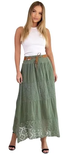 Mississhop Langer Baumwollrock mit Spitze & Gürtel 3094 Olivgrün - Damen A-Linien Maxirock aus 100% Baumwolle, weich und atmungsaktiv, mit romantischen Spitzeneinsätzen und Bindegürtel – ideal für Sommer und Freizeit.