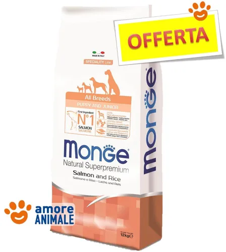 Monge Bis Rassen Puppy & Junior - 12 KG Kroketten mit Lachs - Hundefutter für Welpen, reich an hochwertigem Lachs und Reis, ideal für die gesunde Entwicklung von Junghunden.