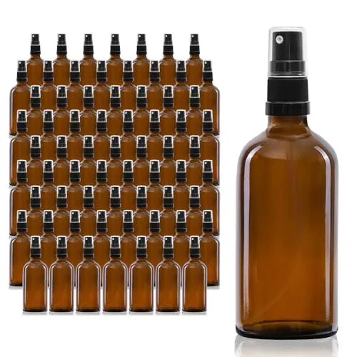 Oputec 68 x 100 ml Sprühflaschen aus Glas mit Zerstäuber - Praktische Großpackung mit 68 hochwertigen Braunglasflaschen und feinen Sprühköpfen. Ideal für die sichere Aufbewahrung und einfache Anwendung von Flüssigkeiten – hygienisch, handlich und spülmaschinengeeignet.