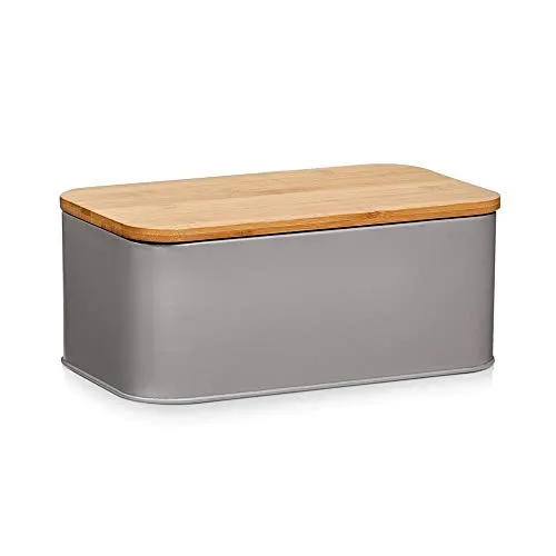 Zeller 25371 Brotkasten mit Bamboo Deckel - Moderner Brotkasten aus Metall mit mattem Taupe-Finish und hochwertigem Bambusdeckel, ideal für frisches Brot und eine stilvolle Küche.