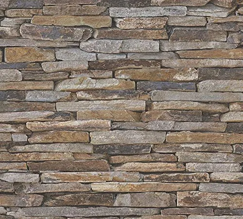 awallo Vliestapete in Naturstein Optik Tapete fotorealistische Steintapete Naturstein 10,05 m x 0,53 m braun grau Made in Germany 351203 3512-03