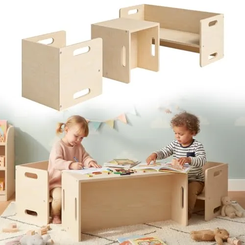 Bellabino Kindersitzgruppe Aki - 2 Stühle & 1 Bank, 180° drehbar - Sitzgarnitur aus unbehandeltem Birken-Sperrholz, ideal für Kinderzimmer. Ergonomisch, robust und mit 3 Sitzhöhenstufen für optimalen Komfort.