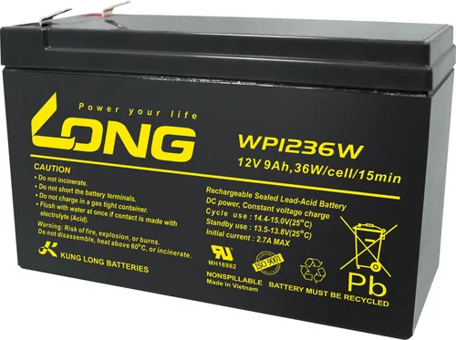 Long WP1236W Bleiakku 12V 9Ah - Blei-Akkus, hochstromfähiger AGM-Akku für vielseitige Anwendungen wie USV und Notbeleuchtung.