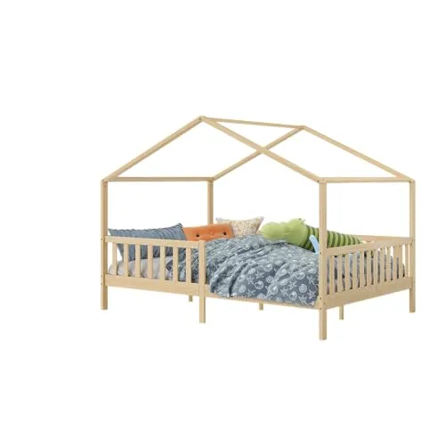 Bellabino Bia Kinderbett 140x200 cm – Hausbett mit Matratze, Rausfallschutz & Lattenrost – Montessori Bodenbett aus Massivholz Kiefer – Kinder Bett in Natur für Jungen und Mädchen