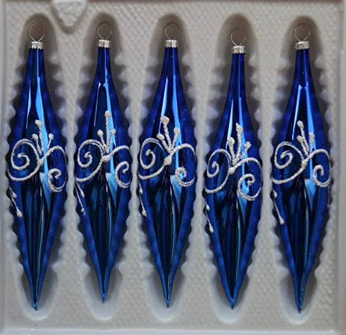 Weihnachtskugeln Glänzende Blaue Zapfen (Eiszapfen) aus Glas mit weiß glitzernden Applikationen - Länge 13 cm 5er Set